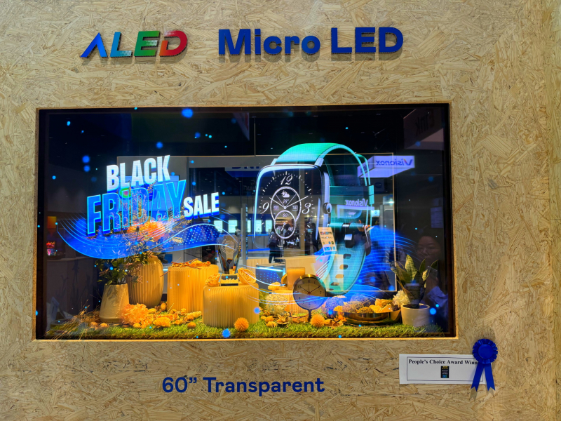 DB视讯60吋高透明度Micro LED显示器获”最佳Micro LED技术应用奖”，将Micro LED面板透明化之设计特性极致发挥，以可扩展性无缝拼接技术打造，具备600 nits全画面亮度、大于60%穿透率及超过NTSC 110%的优异广色域表现，可依需求灵活应用于各种场域